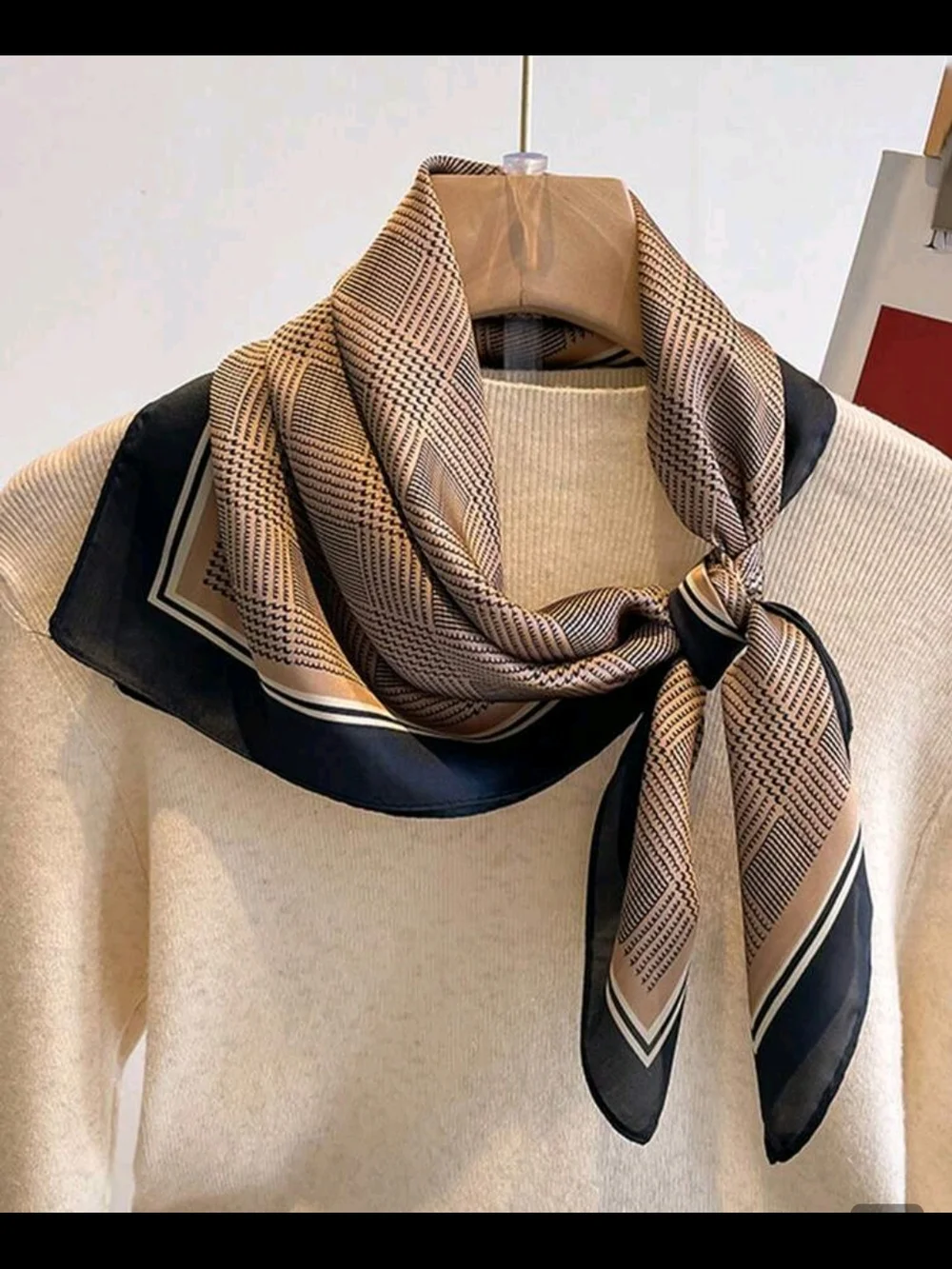 Ladies Brown and Black Plaid Silk Scarf - Elegant Neck Accessory 26.8